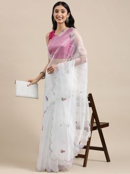 Vastranand - White Organza Party Wear Saree With Mirror Work Butta with Unstitched Blouse