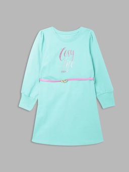 ELLE - Girls Green Printed Round Neck Full Sleeves Dress