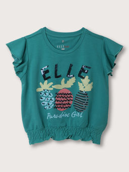 ELLE - Kids Girls Green Round Neck Embellished Top