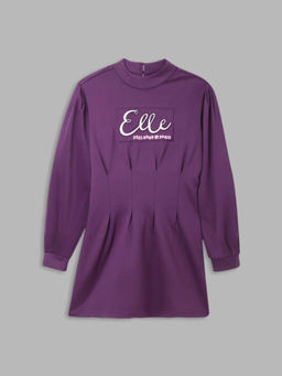 ELLE - Girls Purple Printed Mock Neck Full Sleeves Dress