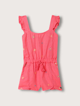 Blue Giraffe - Girls Pink Embroidered Square Neck Playsuit