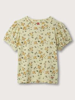 Blue Giraffe - Girls Light Yellow Printed Round Neck Top