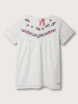 Blue Giraffe - Girls White Embroidered Round Neck Top