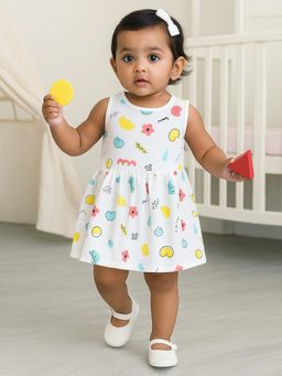 Nuego - Infants Girls Leafs Print Pure Organic Cotton Muslin Button Frock
