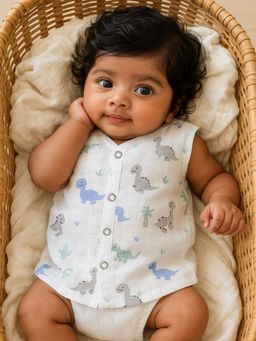 Nuego - Infants Unisex Dinosaur Print Pure Organic Cotton Muslin Button Jabla