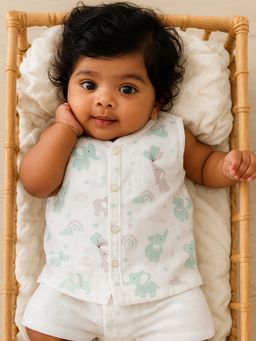 Nuego - Infants Unisex Elephants Print Pure Organic Cotton Muslin Button Jabla