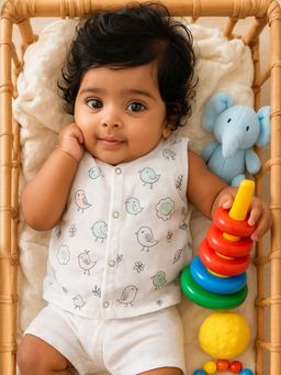 Nuego - Infants Unisex Birds Print Pure Organic Cotton Muslin Button Jabla