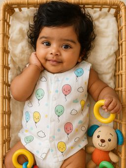 Nuego - Infants Unisex Balloon Print Pure Organic Cotton Muslin Button Jabla