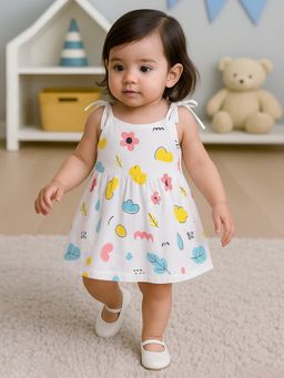 Nuego - Infants Girls Leafs Print Pure Organic Cotton Muslin Knot Frock