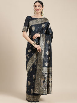 Sareemall - Womens Silk Blend Black Woven Design Celebrity Saree with Unstitched Blouse