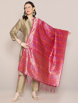 Dupatta Bazaar - Womens Rani Pink Banarasi Silk Dupatta in Checkered Design