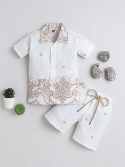 FOURFOLDS - Boys Beige Cotton Blend Floral Printed Shirt and Short Set