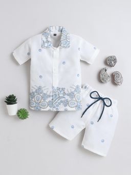 FOURFOLDS - Boys Blue Cotton Blend Floral Printed Shirt and Short Set