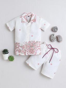 FOURFOLDS - Boys Pink Cotton Blend Floral Printed Shirt and Short Set