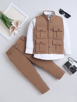 FOURFOLDS - Boys Fawn Cotton Blend Solid Bandhgala Suit Set