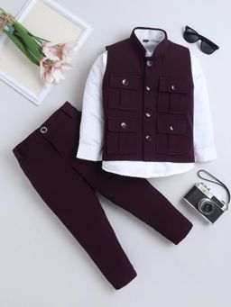 FOURFOLDS - Boys Burgundy Cotton Blend Solid Bandhgala Suit Set