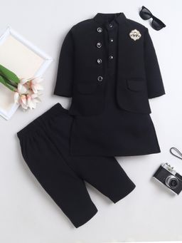 FOURFOLDS - Boys Black Cotton Blend Solid Kurta Pyjama With Jacket