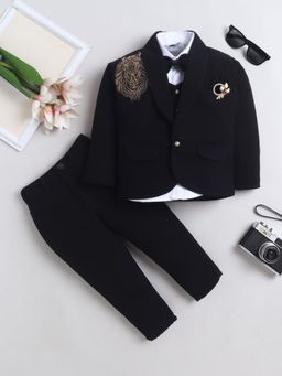 FOURFOLDS - Boys Black Cotton Blend Tiger Motifs Suit Set With Bowtie