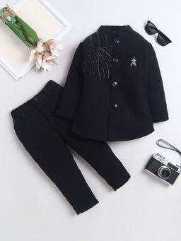 FOURFOLDS - Boys Black Cotton Blend Beads Embellished Indo-Western Sherwani and Trouser