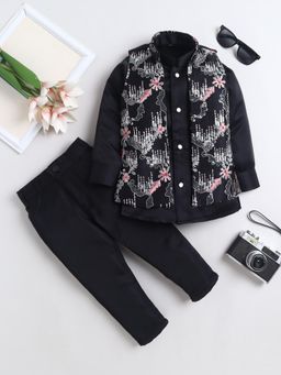 FOURFOLDS - Boys Black Floral Embroidered Sequined Sherwani and Trouser With Jacket