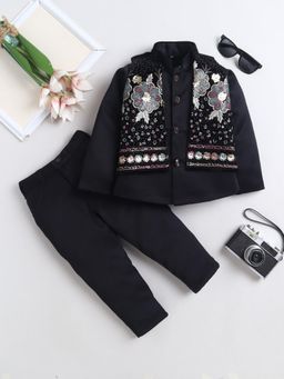 FOURFOLDS - Boys Black Velvet Floral Sequined Sherwani and Trouser With Jacket