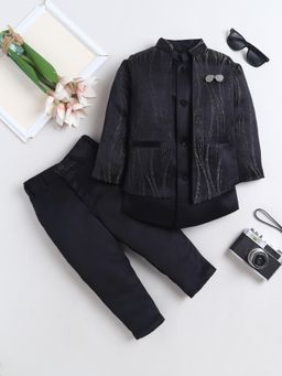 FOURFOLDS - Boys Black Wave Pattern Sherwani and Trouser With Jacket
