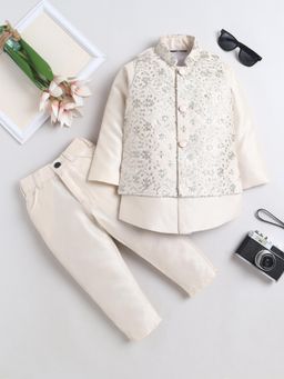 FOURFOLDS - Boys Beige Floral Embroidered Sequined Sherwani and Trouser With Nehru Jacket