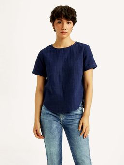Levi's - Women Checks Navy Round Neck Top