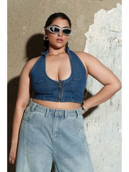 FREAKINS - Nova Blue Denim Curve Halter Neck Crop Top