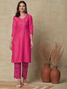 FASHOR - Embroidered Kurta with Pants - Pink (Set of 2)