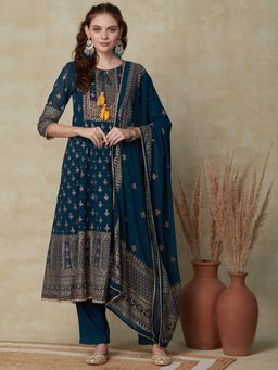 FASHOR - Ethnic Printed Kurta with Pants & Dupatta - Teal (Set of 3)