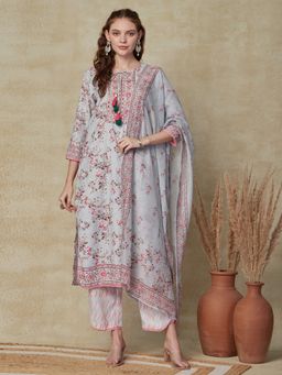 FASHOR - Printed Kurta with Pants & Dupatta - Grey & Multi (Set of 3)