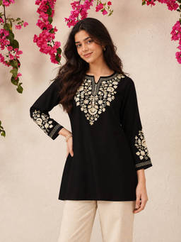 QAZMI - Jasmine Kashimiri Aari Work Viscose Rayon A-Line Flared Kurti