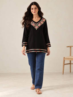 QAZMI - Floral Kashmiri Aari Work Viscose Rayon V-Neck Full Sleeves Kurti