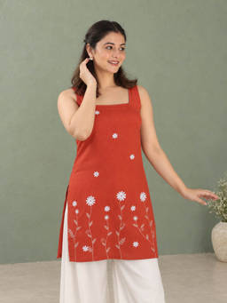 QAZMI - Aari Embroidered Viscose Rayon Square Neck Sleeveless Straight Short Kurti