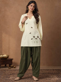 QAZMI - Women's Pink Pure Cotton Aari Embroidered Short Kurta with Farshi Salwar Set