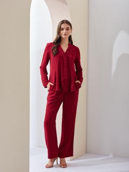 Latin Quarters - Red Latin Quarters Women Solid V-neck High Rise Co-ord Set
