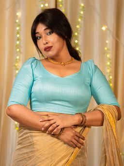 I LOVE SAREES - Light Blue Half Sleeve Traditional Stitched Blouse