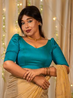 I LOVE SAREES - Olympic Blue Half Sleeve Traditional Stitched Blouse