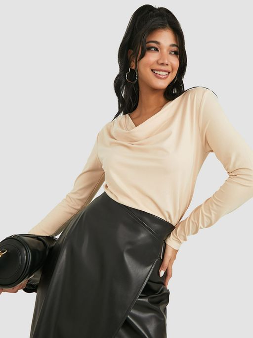 Buy Styli Tan Plain Cowl Neck Long Sleeve Regular Fit Knit Top Online