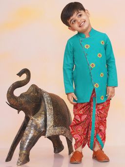 KID1 - Turquoise Morpankh Embroidered Kurta & Dhoti