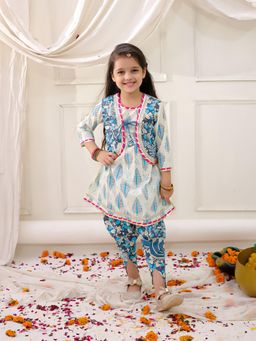 KID1 - Blue Madhubani Print Kurta & Dhoti with Jacket