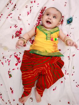 KID1 - Yellow Mor Pankh Halter Neck Kurti & Dhoti