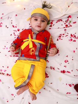 KID1 - Red Mor Pankh Kanha Angrakha Kurta & Dhoti