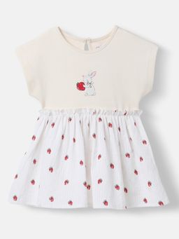 Nautinati - Girls Cotton, Strawberry Print |Rabit Badge Dress