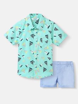 Nautinati - Boys AOP Cotton Poplin With Chest Pocket Shirt and Shorts Green (Set of 2)