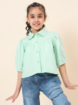 Stylo Bug - Girls Solid Shirt Collar Three Quarter Sleeves Hip length Top Green