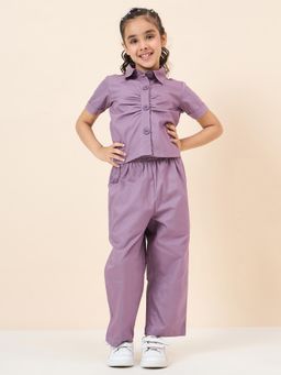 Stylo Bug - Girls Solid Collar Neck Half Sleeves Shirt With Pants Purple (Set of 2)