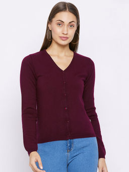 Madame - Solid V Neck Casual Women Maroon Sweater