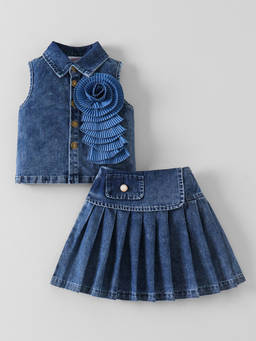 Hopscotch - Floral Applique Denim Blouse And Skirt